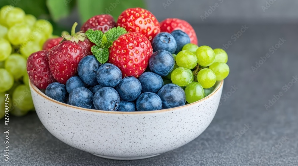 Berry bowl closeup Strawberries, blueberries, and grapes in a ceramic bowl, gray background Berry bowl closeup Strawberries, blueberries, and grapes in a ceramic bowl, gray background