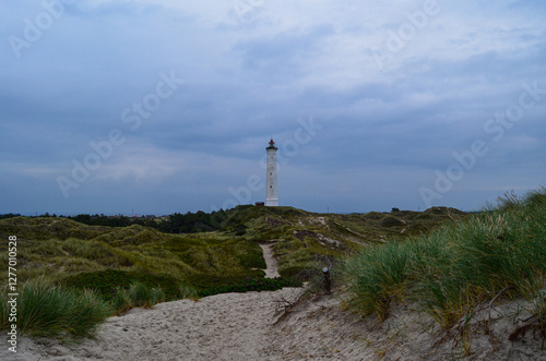 Nørre Lyngvig Fyr, Lighthouse at the coast of Hvide Sande, Denmark sorrounded by bushy dunes
