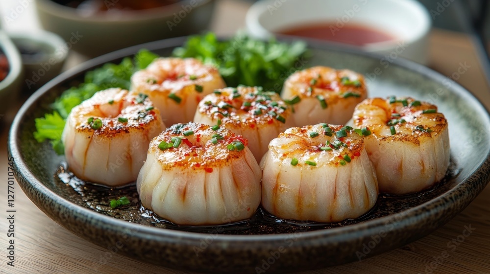 Close-up of Steamed Shrimp Dumplings on Plate with Garnish. Generative AI Close-up of Steamed Shrimp Dumplings on Plate with Garnish. Generative AI