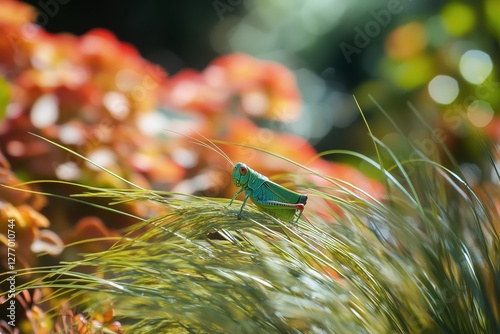 Colorful Grasshopper Resting on Green Blades With Vibrant Flowers in the Back...