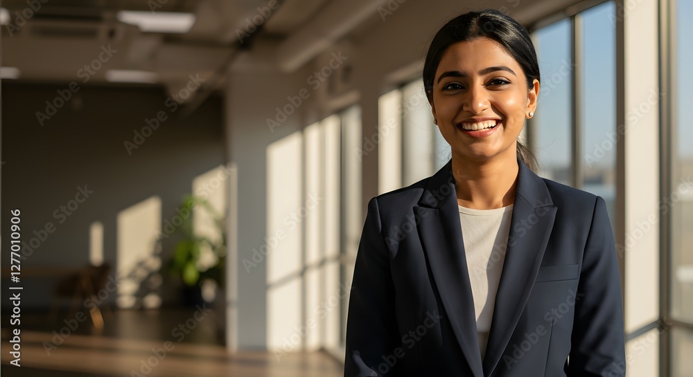 beautiful smile woman wearing a business suit, standing in the office, sunshine, with a little bit of blurred background with copy space beautiful smile woman wearing a business suit, standing in the office, sunshine, with a little bit of blurred background with copy space