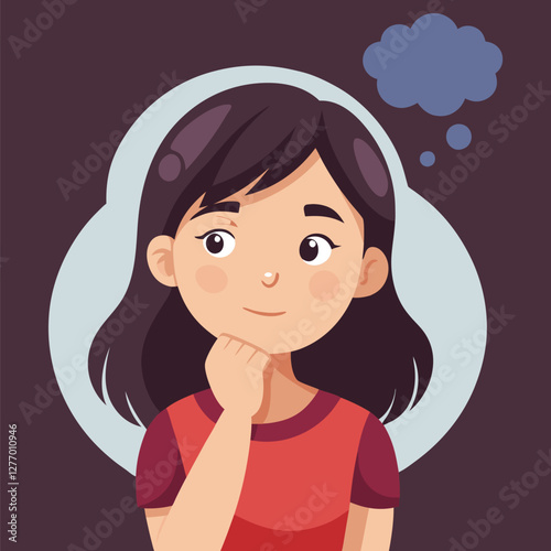 a flat illustration of a girl thinking dark brown shirt right hand under chin