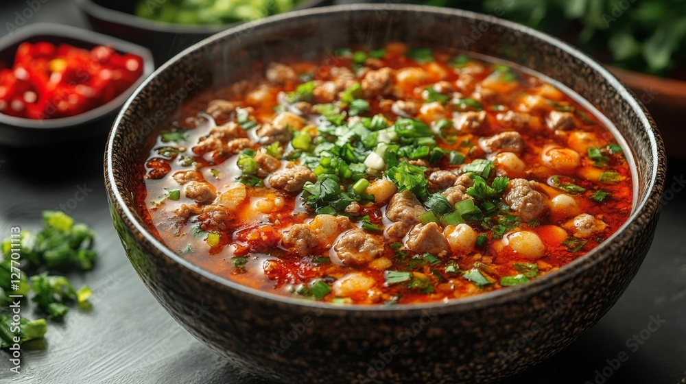 Spicy Soup with Ground Meat Vegetables and Tofu Chunks. Generative AI Spicy Soup with Ground Meat Vegetables and Tofu Chunks. Generative AI