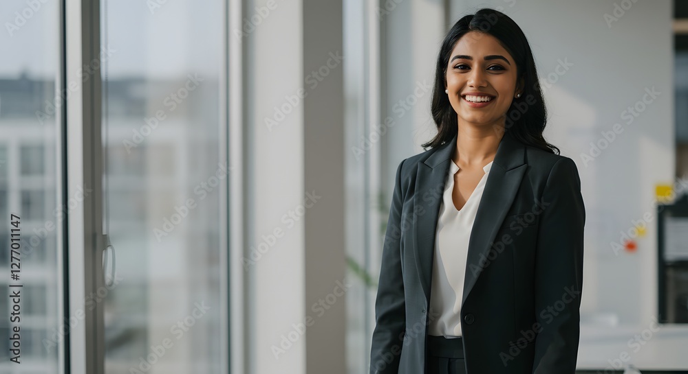 beautiful smile woman wearing a business suit, standing in the office, sunshine, with a little bit of blurred background with copy space beautiful smile woman wearing a business suit, standing in the office, sunshine, with a little bit of blurred background with copy space