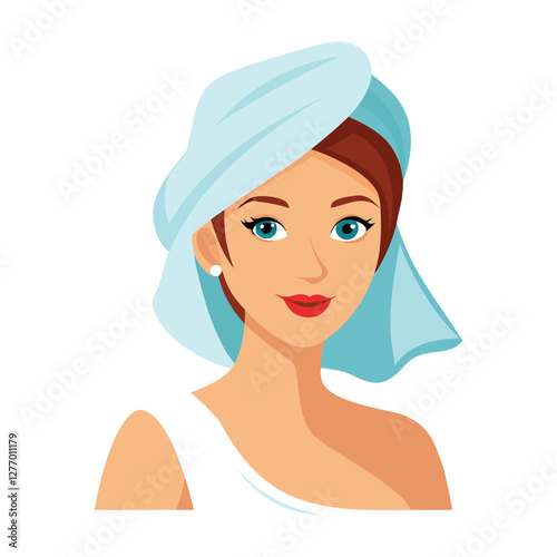 a flat illustration of a girl with a hair towel with a blue towel