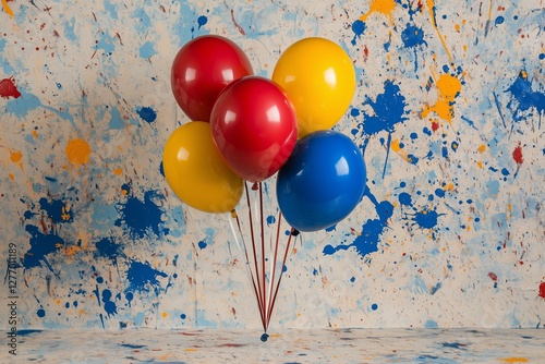 Colorful Balloons Against a Vibrant Splatter Paint Backdrop for a Festive Cel...