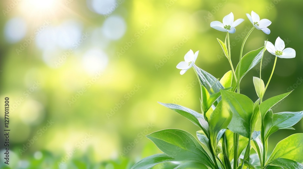 Blooming white flowers with lush foliage in a sunlit garden, ideal for a peaceful backdrop Blooming white flowers with lush foliage in a sunlit garden, ideal for a peaceful backdrop