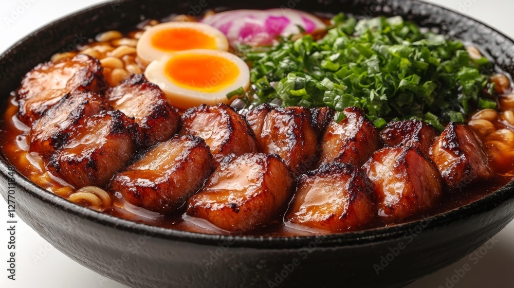 Grilled Pork Ramen with Soft-Boiled Eggs and Vegetables. Generative AI Grilled Pork Ramen with Soft-Boiled Eggs and Vegetables. Generative AI