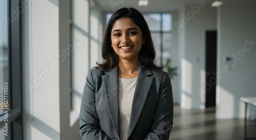 Free Download beautiful smile woman wearing a business suit, standing in the office, sunshine, with a little bit of blurred background with copy space - GFXLoad