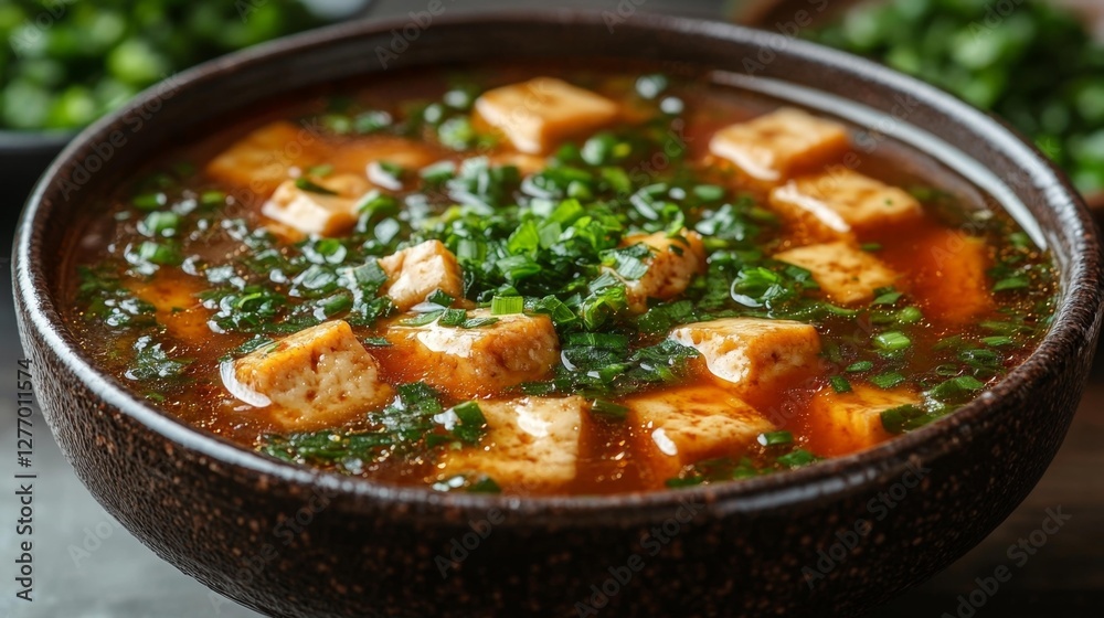 Spicy tofu soup with green onions and sesame seeds garnished with fresh vegetables in a dark bowl. Generative AI Spicy tofu soup with green onions and sesame seeds garnished with fresh vegetables in a dark bowl. Generative AI