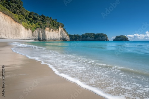 Coastal View of Cliffs and Shoreline Under Clear Blue Sky in Summer