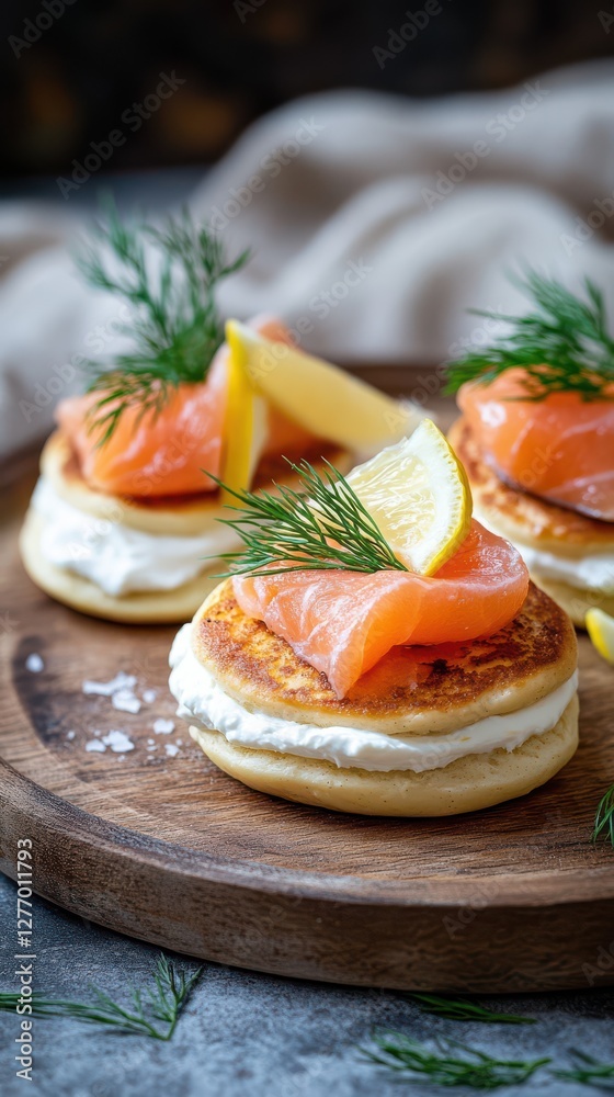 Fluffy baked syrniki on a wooden platter. Cream cheese is spread delicately, topped with thin slices of salted salmon, fresh dill, and a wedge of lemon. Сottage cheese pancakes, Eastern European food Fluffy baked syrniki on a wooden platter. Cream cheese is spread delicately, topped with thin slices of salted salmon, fresh dill, and a wedge of lemon. Сottage cheese pancakes, Eastern European food