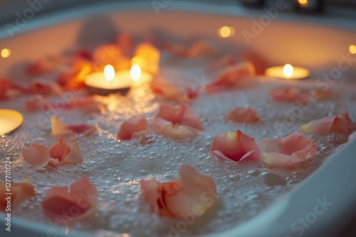 Relaxing Bubble Bath With Rose Petals and Flickering Candles Creating a Sooth...