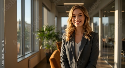 Free Download beautiful smile woman wearing a business suit, standing in the office, sunshine, with a little bit of blurred background with copy space - GFXLoad