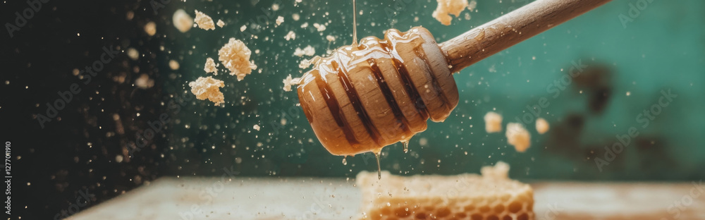 a close-up of golden honey dripping from a wooden dipper. Banner, horizontal photography with soft focus edges, subtle grain a close-up of golden honey dripping from a wooden dipper. Banner, horizontal photography with soft focus edges, subtle grain