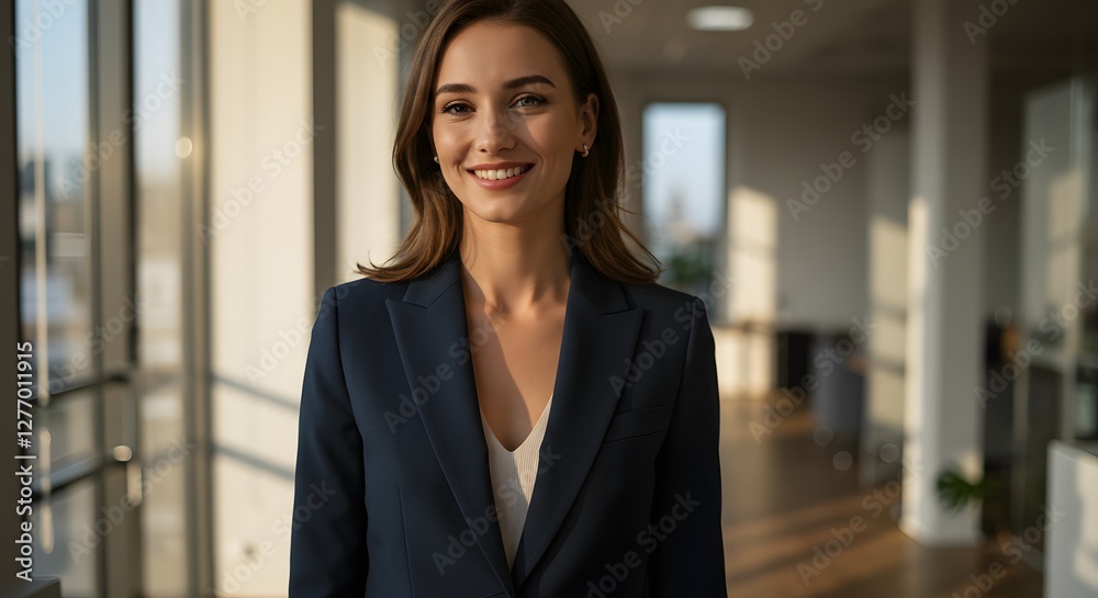 Fototapeta premium beautiful smile woman wearing a business suit, standing in the office, sunshine, with a little bit of blurred background with copy space