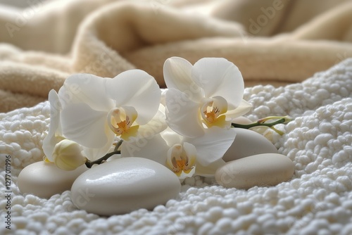 Elegant White Orchids Arranged on Soft Towels and Smooth Stones in a Serene S...