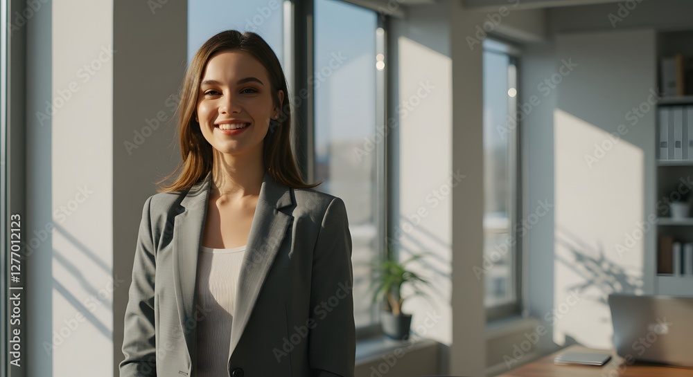 beautiful smile woman wearing a business suit, standing in the office, sunshine, with a little bit of blurred background with copy space beautiful smile woman wearing a business suit, standing in the office, sunshine, with a little bit of blurred background with copy space