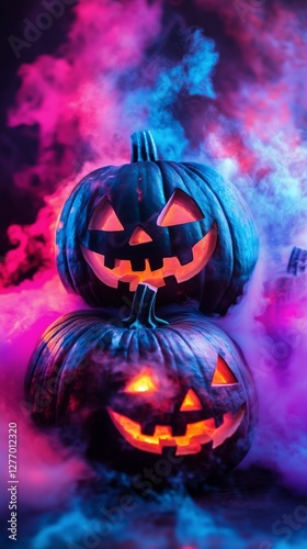 Halloween Pumpkins Glow in the Dark Amidst Purple Fog During a Spooky Celebra...