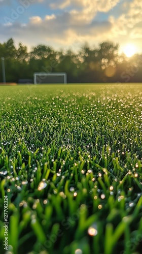 Morning Dew on Artificial Grass Field at Sunset in a Quiet Park