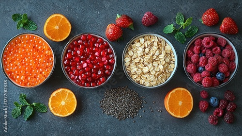 Healthy breakfast bowls with fruits and grains on dark stone photo