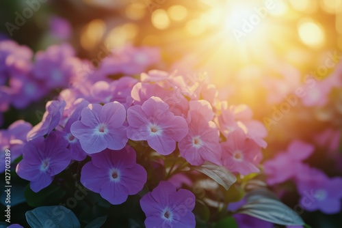 Sunlight Filters Through Trees Illuminating a Flower-Lined Path in a Serene G...