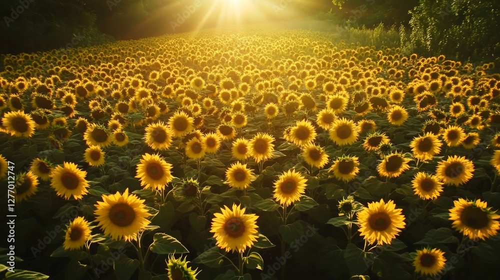 Fototapeta premium Radiant Sunflowers in Full Bloom Under Bright Sunrise Light