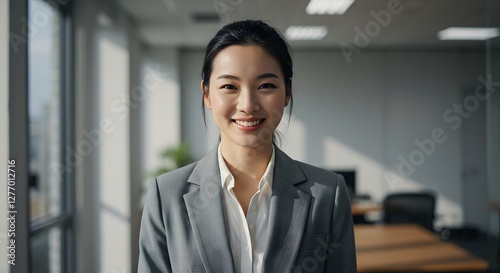 beautiful smile woman wearing a business suit, standing in the office, sunshine, with a little bit of blurred background with copy space