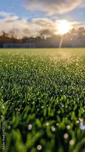 Morning Dew on Artificial Grass Field at Sunset in a Quiet Park