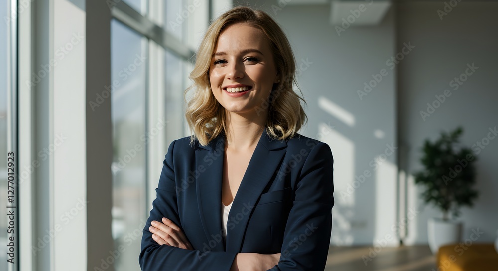 beautiful smile woman wearing a business suit, standing in the office, sunshine, with a little bit of blurred background with copy space beautiful smile woman wearing a business suit, standing in the office, sunshine, with a little bit of blurred background with copy space