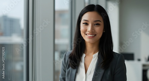 beautiful smile woman wearing a business suit, standing in the office, sunshine, with a little bit of blurred background with copy space