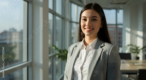 beautiful smile woman wearing a business suit, standing in the office, sunshine, with a little bit of blurred background with copy space Free Download beautiful smile woman wearing a business suit, standing in the office, sunshine, with a little bit of blurred background with copy space - GFXLoad