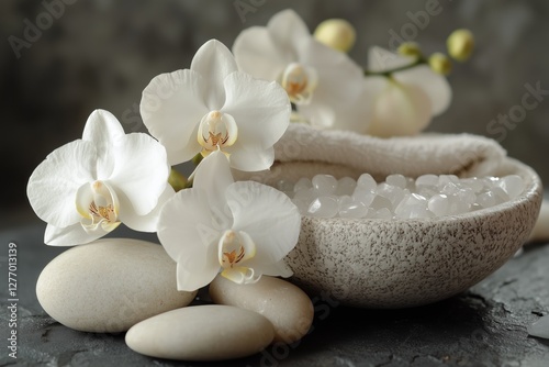 Elegant White Orchids Arranged on Soft Towels and Smooth Stones in a Serene S...