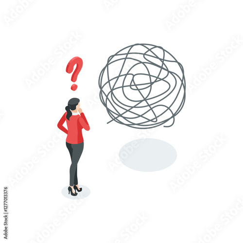 isometric vector business woman untangling a tangled thread and question mark, in color on a white background, unraveling a problem or solution