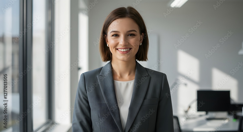 beautiful smile woman wearing a business suit, standing in the office, sunshine, with a little bit of blurred background with copy space beautiful smile woman wearing a business suit, standing in the office, sunshine, with a little bit of blurred background with copy space