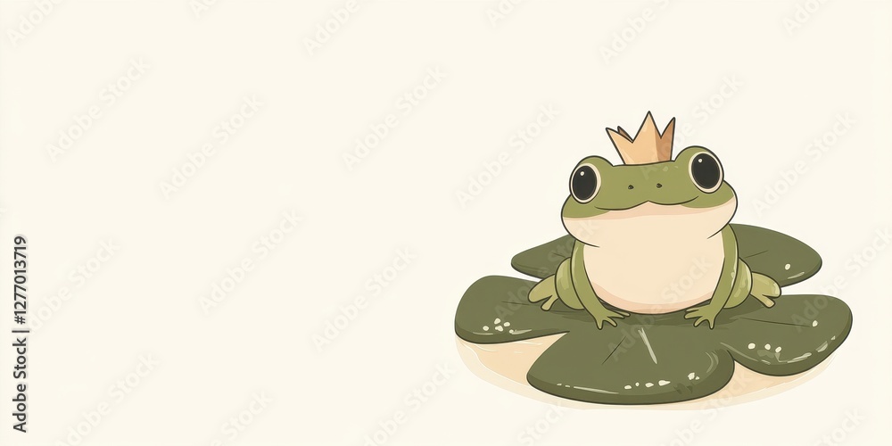 Charming Frog Prince on Lily Pad: A whimsical illustration of a cute frog wearing a crown, sitting majestically on a lily pad. Charming Frog Prince on Lily Pad: A whimsical illustration of a cute frog wearing a crown, sitting majestically on a lily pad.