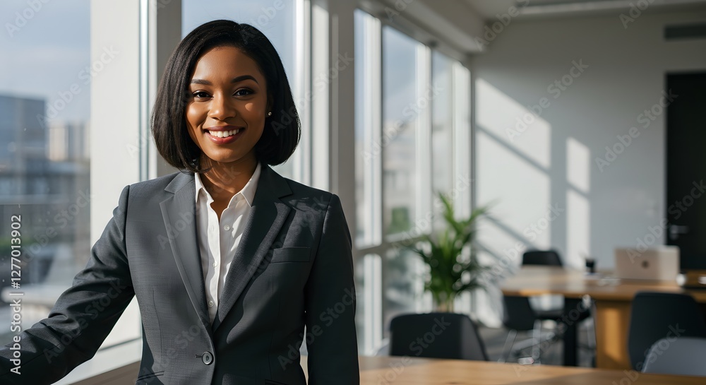 beautiful smile woman wearing a business suit, standing in the office, sunshine, with a little bit of blurred background with copy space beautiful smile woman wearing a business suit, standing in the office, sunshine, with a little bit of blurred background with copy space