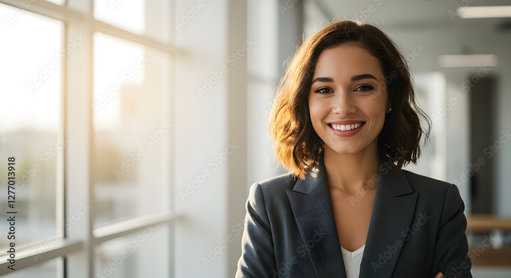 beautiful smile woman wearing a business suit, standing in the office, sunshine, with a little bit of blurred background with copy space beautiful smile woman wearing a business suit, standing in the office, sunshine, with a little bit of blurred background with copy space