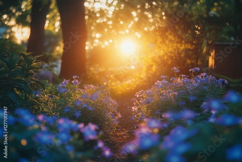 Sunlight Filters Through Trees Illuminating a Flower-Lined Path in a Serene G...