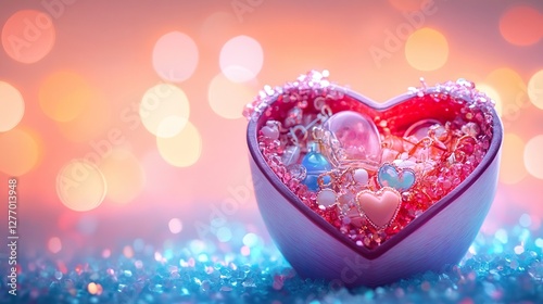 Whimsical,heart-shapedkeepsakebox,filledwithdelicate,sentimentaltrinkets,onabright,colorfulbackground, photo