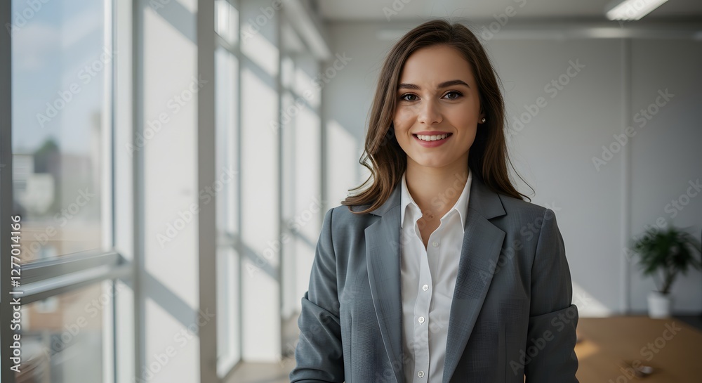 beautiful smile woman wearing a business suit, standing in the office, sunshine, with a little bit of blurred background with copy space beautiful smile woman wearing a business suit, standing in the office, sunshine, with a little bit of blurred background with copy space
