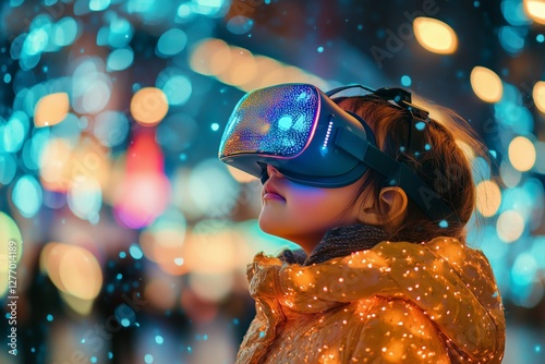 Young Woman Experiences Virtual Reality Amidst Vibrant Light Display in a Dim...