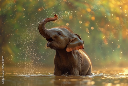 Baby Elephant Splashes Joyfully in River During Golden Hour in the Wild