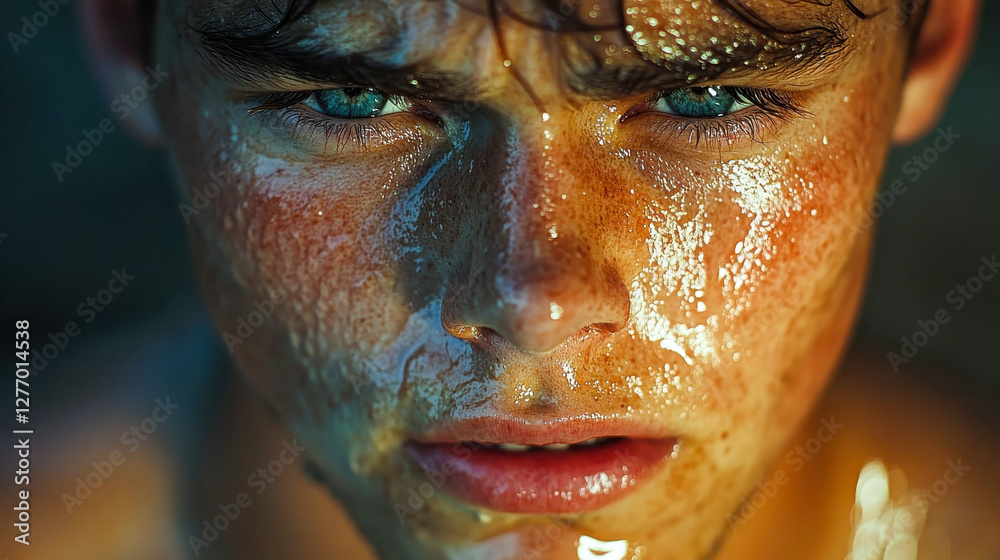 Close-up portrait of a young man with blue eyes and wet, sweaty skin, illuminated dramatically Close-up portrait of a young man with blue eyes and wet, sweaty skin, illuminated dramatically