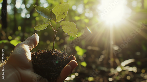 Close-up of hand holding sapling with rich soil bathed in warm sunlight symbolizing growth sustainability and environmental conservation in lush green forest setting promoting eco-friendly practices photo