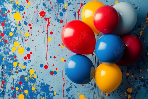 Colorful Balloons Against a Vibrant Splatter Paint Backdrop for a Festive Cel...