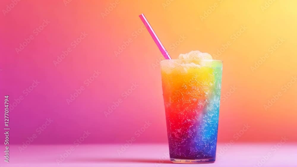 rainbow-colored iced drink in a tall glass with a straw, set against a warm gradient background rainbow-colored iced drink in a tall glass with a straw, set against a warm gradient background