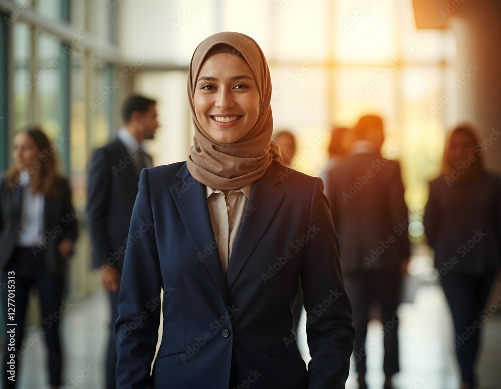 Beautiful confident smiling Muslim business woman talking with colleagues at lobby, business meeting, people background,