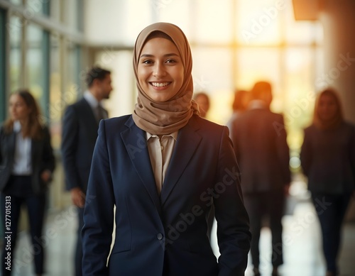 Obraz na płótnie Beautiful confident smiling Muslim business woman talking with colleagues at lobby, business meeting, people background, w salonie