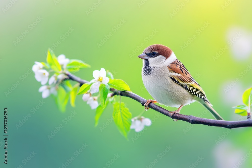 Fototapeta premium Small bird gathers nesting materials while perched on branch with budding leaves in spring setting